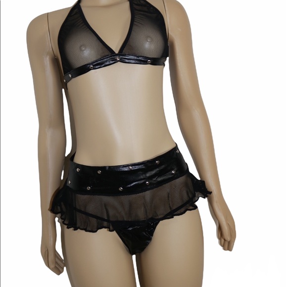 3 pc vegan leather/mesh Lingerie Set - Picture 3 of 6